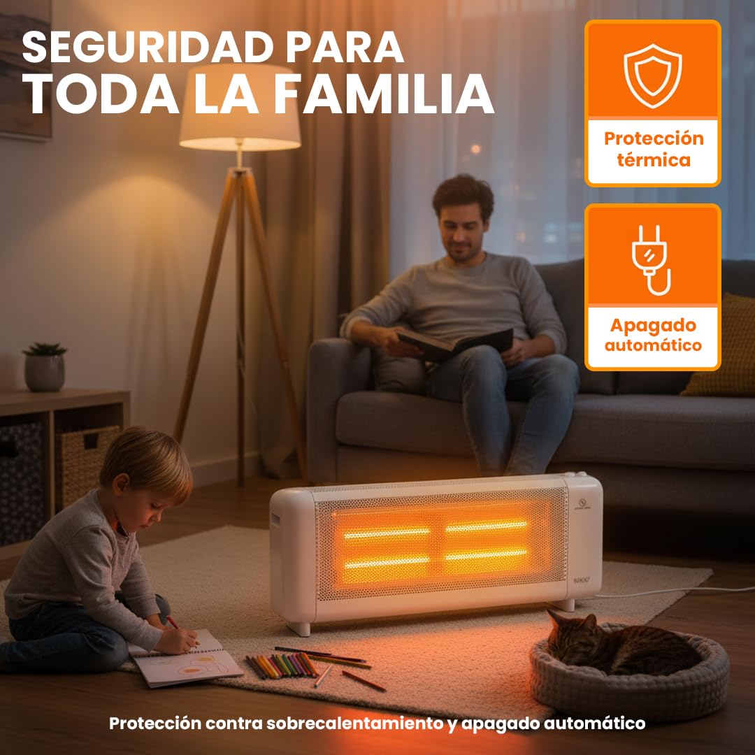 Sogo Radiador Eléctrico Bajo Consumo de Mica - Estufa Eléctrica Calor instantáneo y funcionamiento silencioso - Termostato Ajustable - 2 potencias 750/1500W - Protección Contra el Sobrecalentamiento