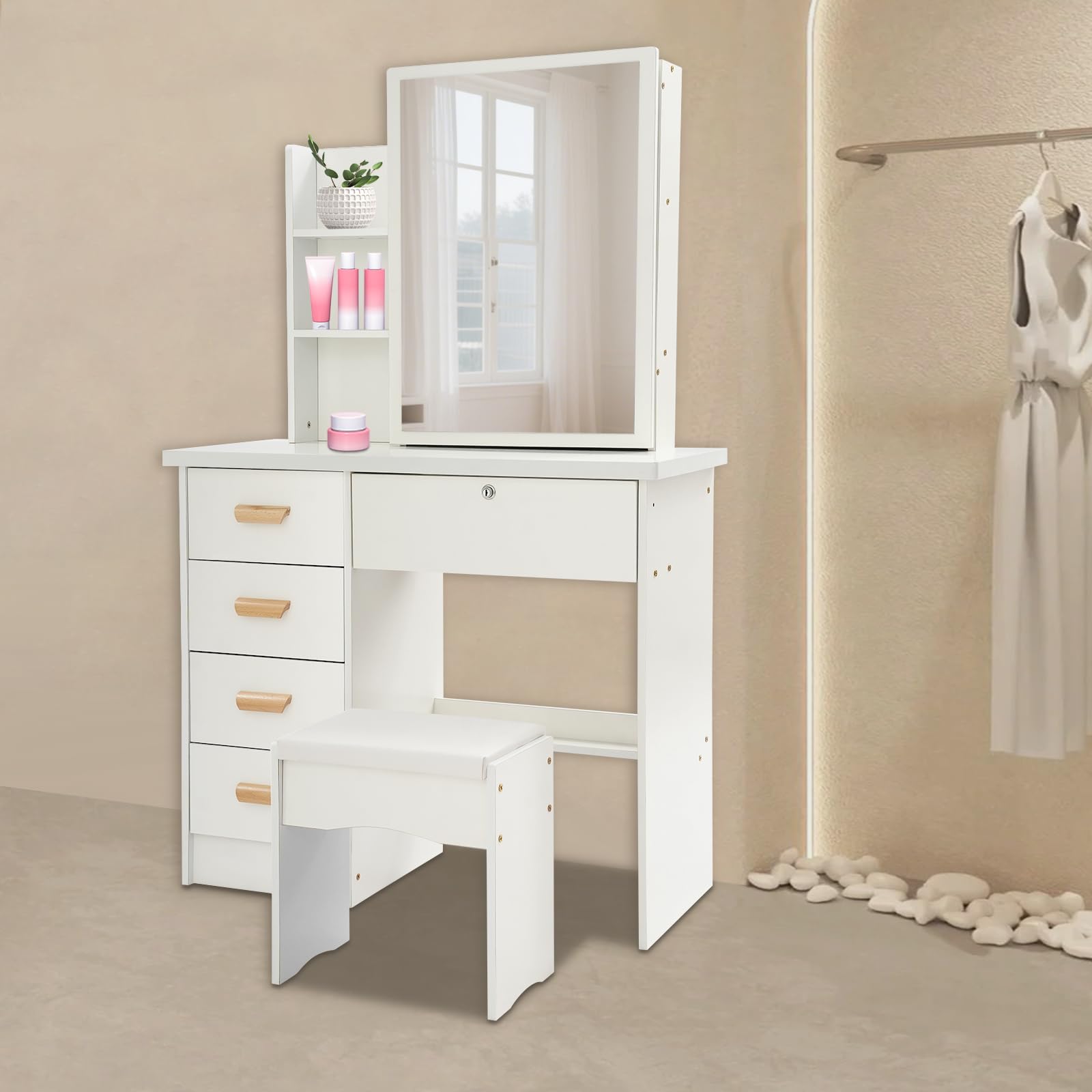 Tocador con espejo, mesa de maquillaje 5 cajones, 80 × 35 × 128 cm, con taburete, hasta 100 kg, blanco | moderno | con cerradura