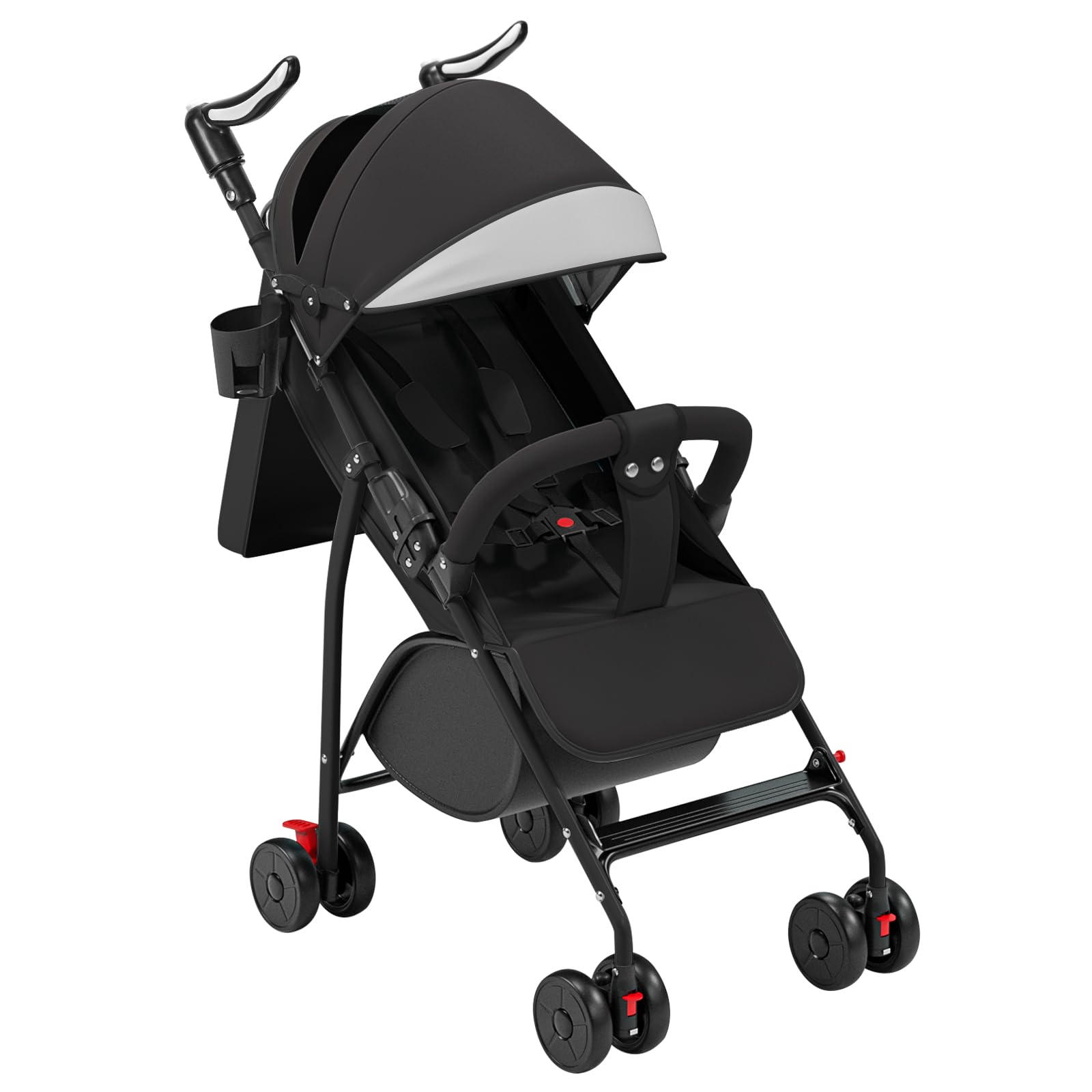 Cochecito de 4 ruedas, hasta 25 kg, capota grande, plegado compacto, respaldo reclinable, manillar ajustable en altura, ruedas grandes todo -A-negro