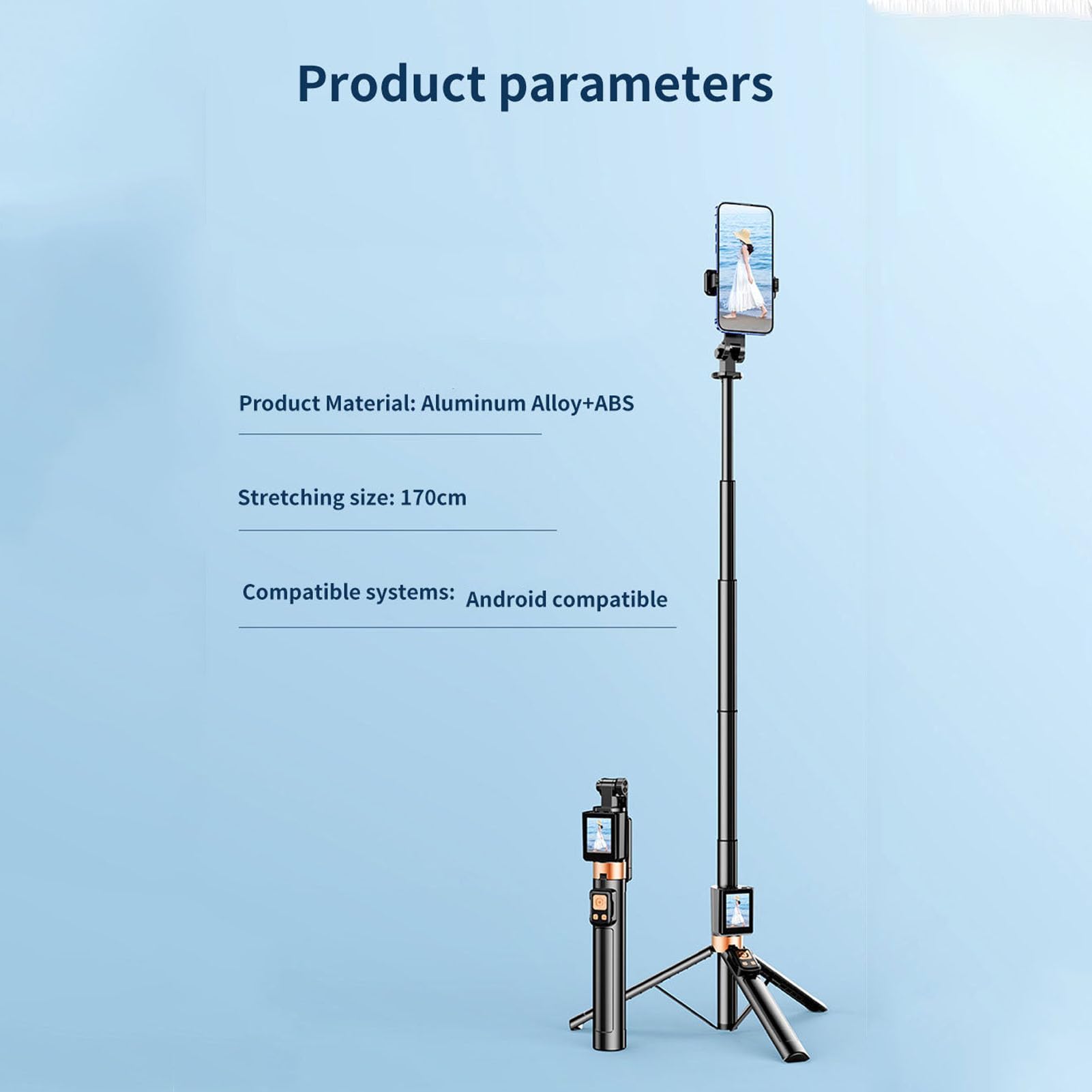 Garsent Palo Selfie Inalámbrico con Espejo de Pantalla, Trípode Extensible de 66,9 Pulgadas con Control Remoto y Cabezal Giratorio de 360 Grados para Grabación de Video y Transmisión en
