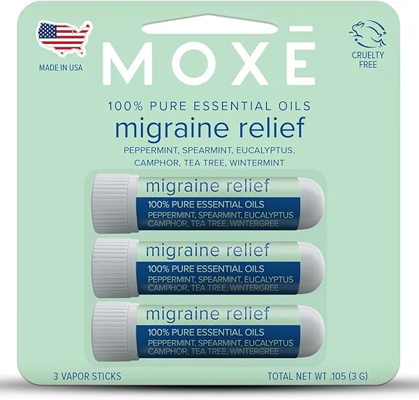 MOXE Migraine Relief Nasal Inhalers, Essential Oils for Headaches & Tension Relief, Portable Aromatherapy, Easy-to-Use, Pure & Undiluted, Peppermint, Spearmint, Eucalyptus, Tea Tree, USA Made, 3 Pack