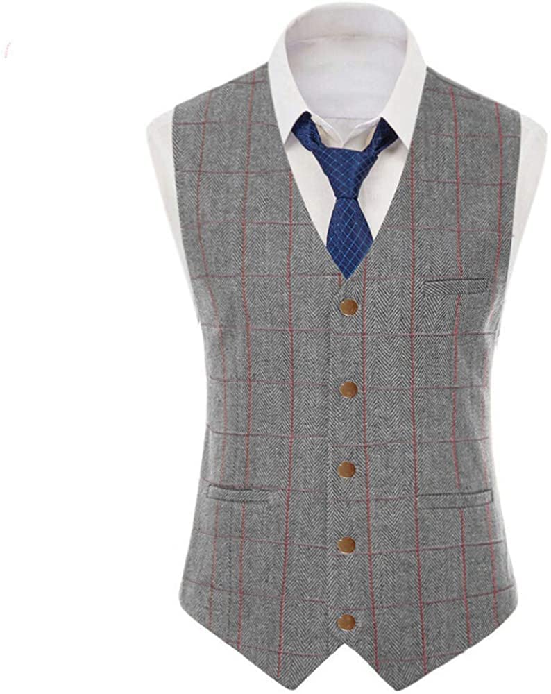 Aesido Men's Suit Vest Tweed Business Herringbone Wool Plaid Formal Waistcoat for Wedding Groomsmen