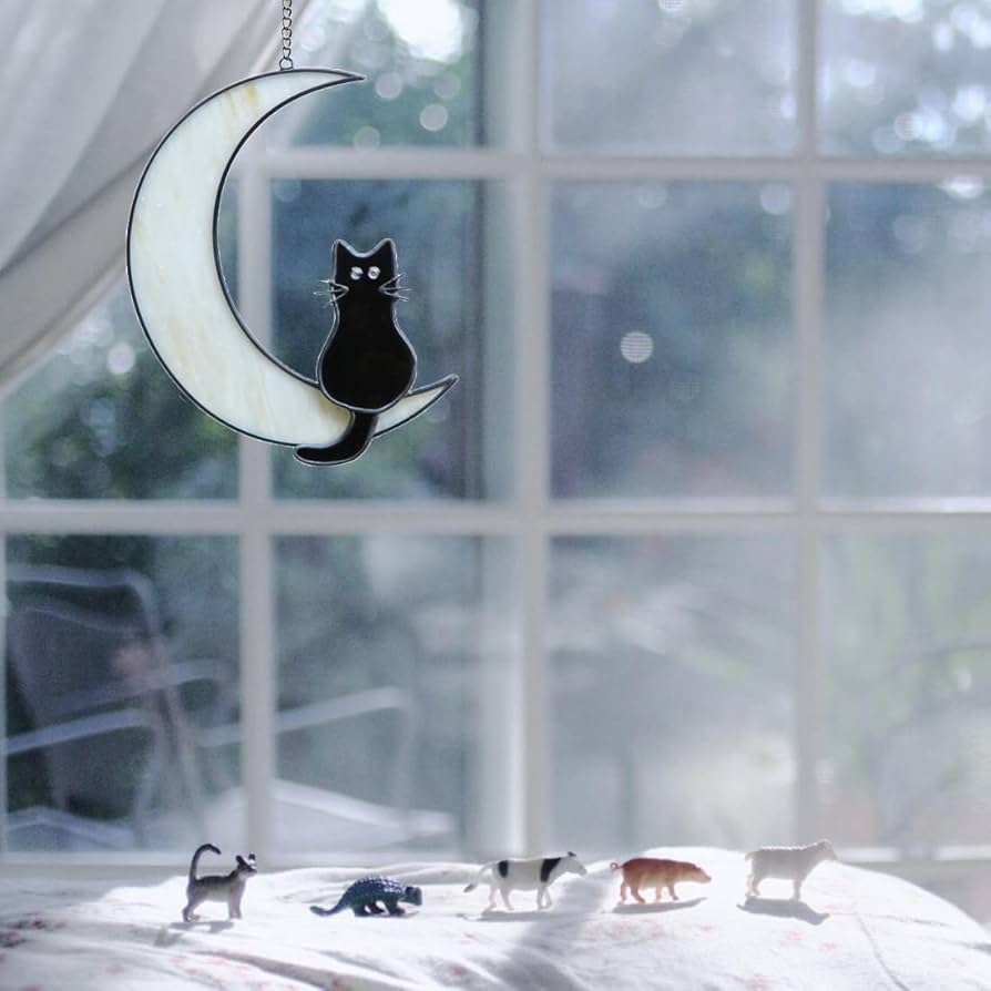 月と猫のステンド調アクリル表札＊クリスタルの様な輝き＊４辺４５度斜めカット＊ＵＶ Amazon.co.jp: AUSTUFF ステンドグラス 猫 窓掛け 壁 モダン