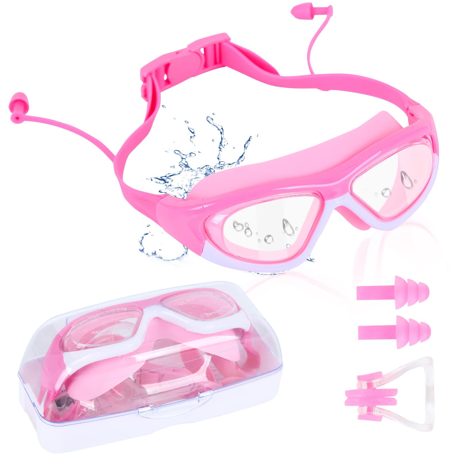 Gafas de Natación,Gafas para Nadar antivaho para niños, gafas de natación con tapones para los oídos,clip para la nariz,Protección UV Gafas de Buceo con correa de silicona ajustable para niños y niñas