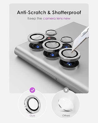 Miniatura 5 de POROLIR Glitter Series para Samsung Galaxy S23 Ultra, protector de lente de cámara, anillo de aleación de aluminio 9H, accesorios decorativos para