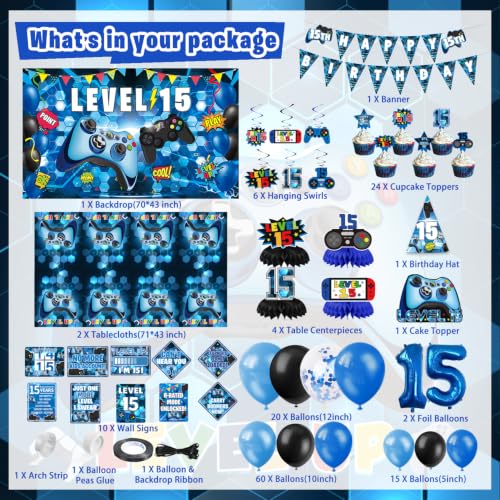 15th Birthday Decorations for Boys, Blue Video Game level 15 Party Decor - image 2