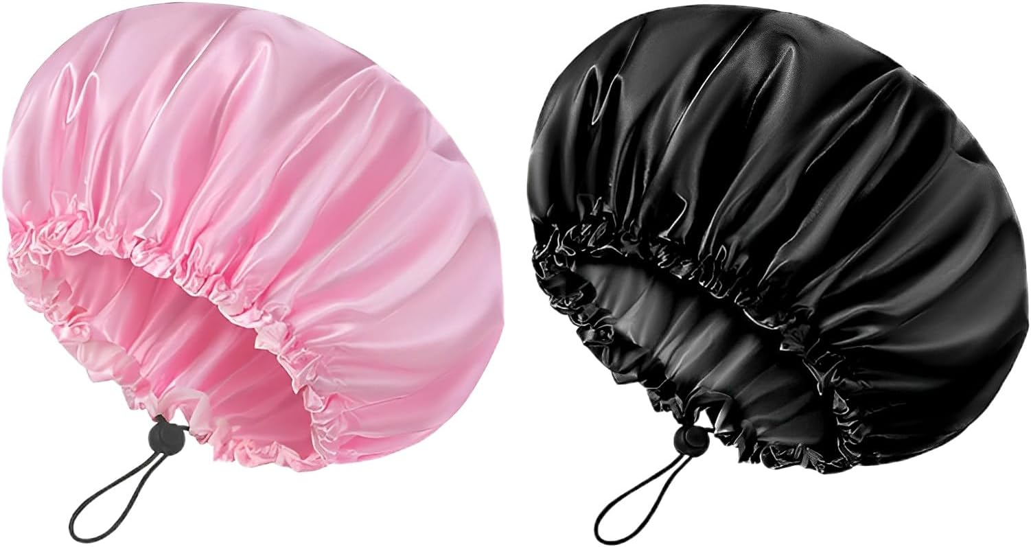 2 Pcs Big Shower Cap Elastic Band Waterproof Bath Caps Adjustable Double Sided Reusable Oversized Bonnet
