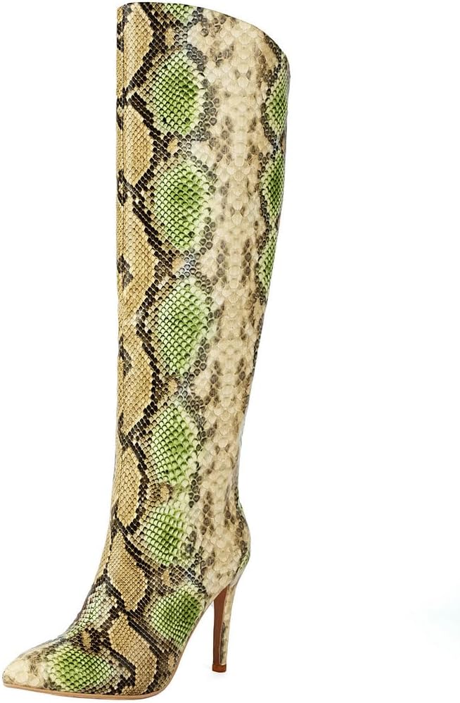 DINTAHA Snake Boots Women Multicolor Snakeskin Knee High Pointed Toe Colorful Stiletto Boots