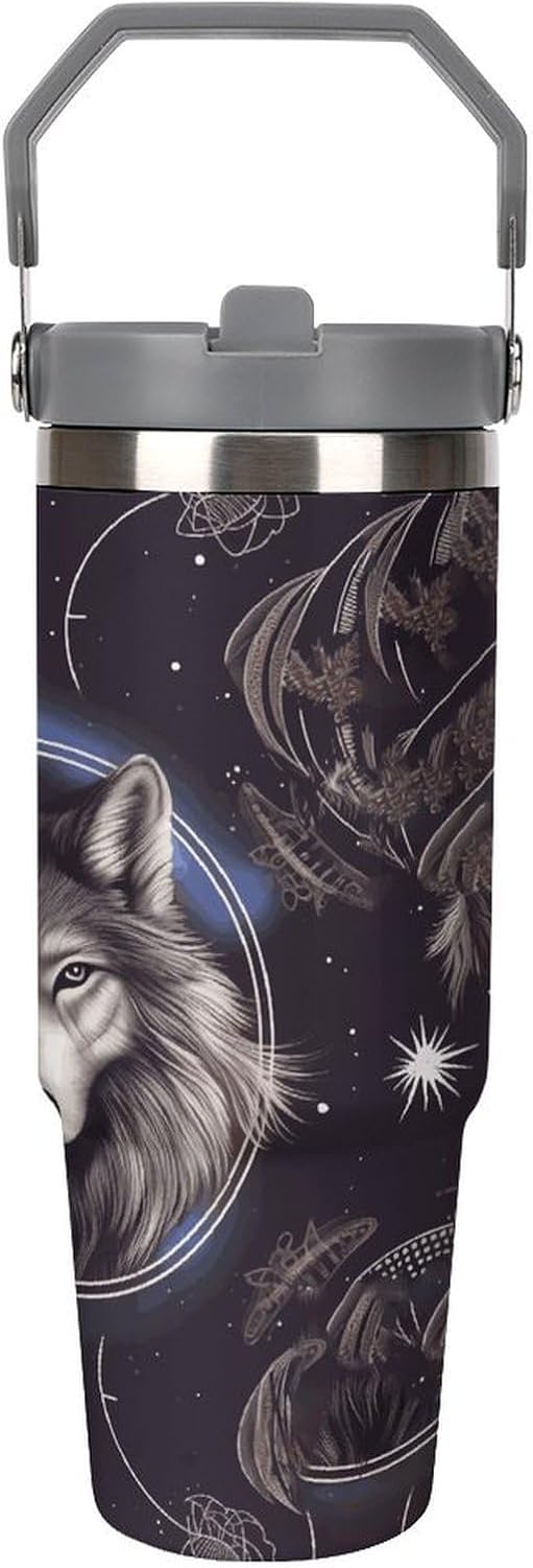Wolves And Dream Catchers Water Bottle 30 Oz Fits Car Cup Holder,Insulated Coffee Mug Large Capacity Car Cups,Stainless Steel Double Wall Sport Bottle for Travel Sports Gym