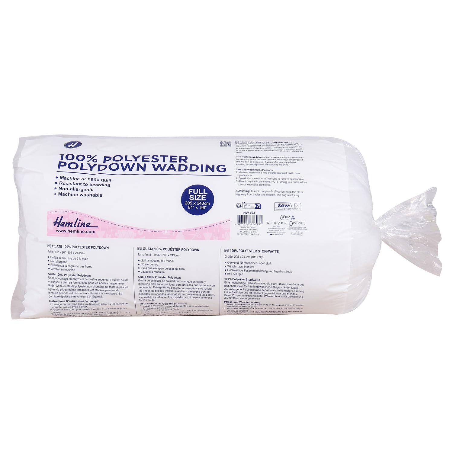 Hemline Quilting Batting Wadding 100% Polyester Full Size 205.7 x 243.8cm