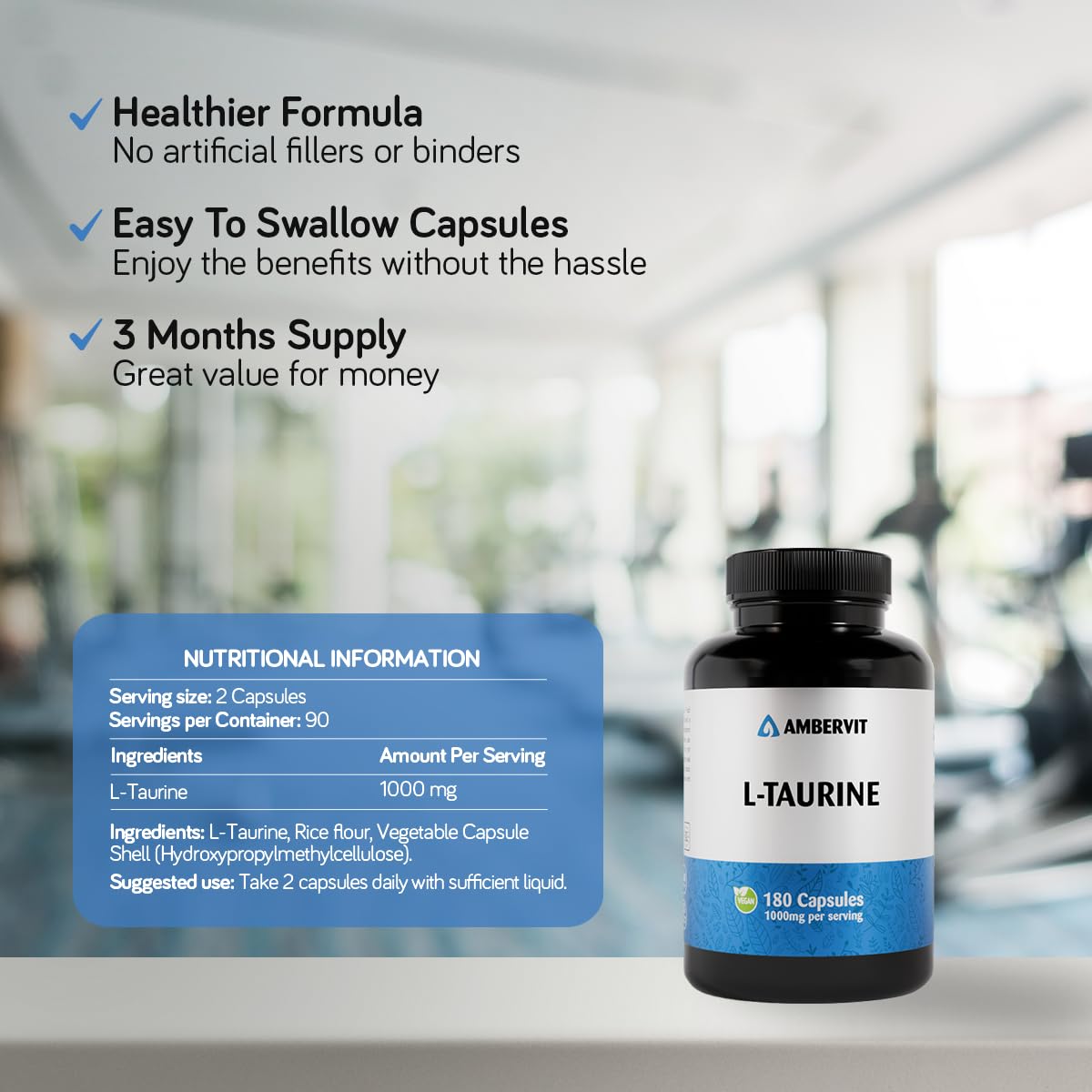 Taurina Integratore 1000 mg – 180 capsule – Scorta per 3 mesi - Aminoacido Vegano, Facile da Ingerire, Alto Dosaggio e Senza Riempitivi Artificiali | Senza Allergeni e Senza Glutine | Ambervit