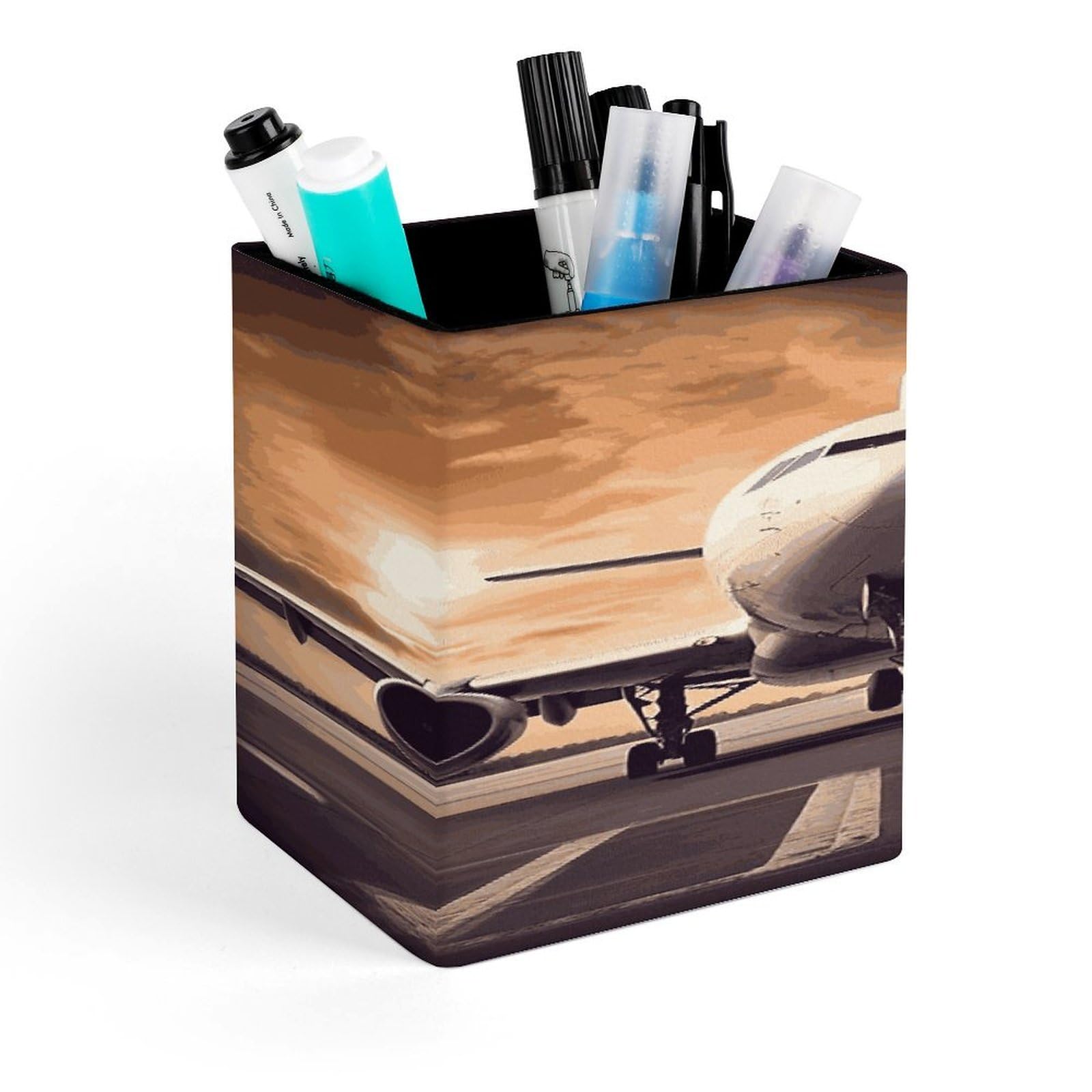 MUSM Airplane Pen Holder Square PU Leather Desktop Organizer And Makeup Brush Holder Storage Box Modern Design Stationery Organizer for Office Desk Accessory