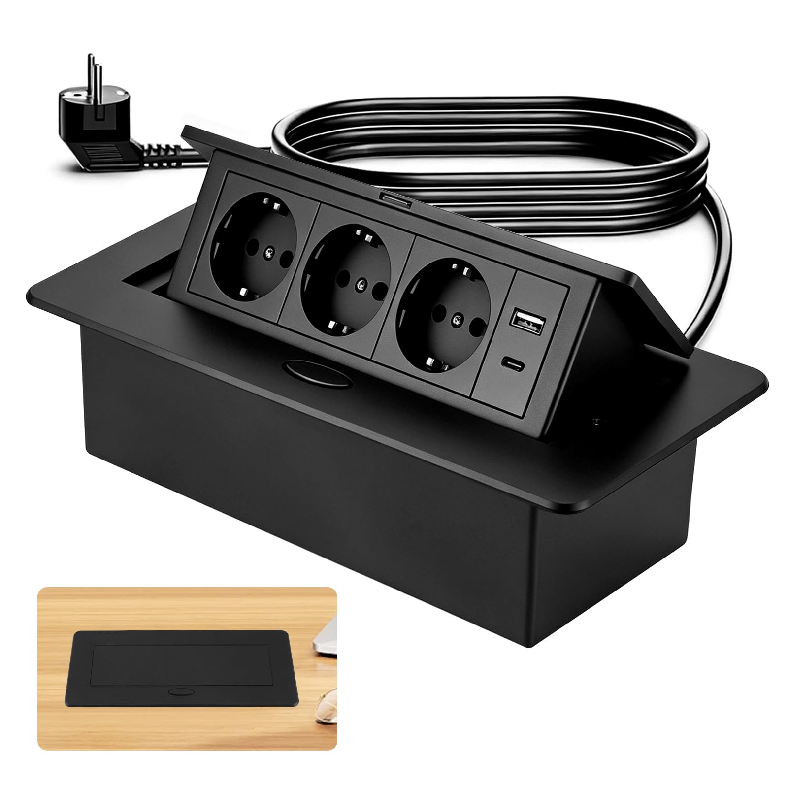 Aluminium Enchufe de Mesa Empotrable, Salida de Enchufe Retráctil con 3 Enchufes, Puertos USB y Tipo C, 4000W/16A Regleta Retráctil para Cocina, Escritorio y Oficina, Cable de 1,8M
