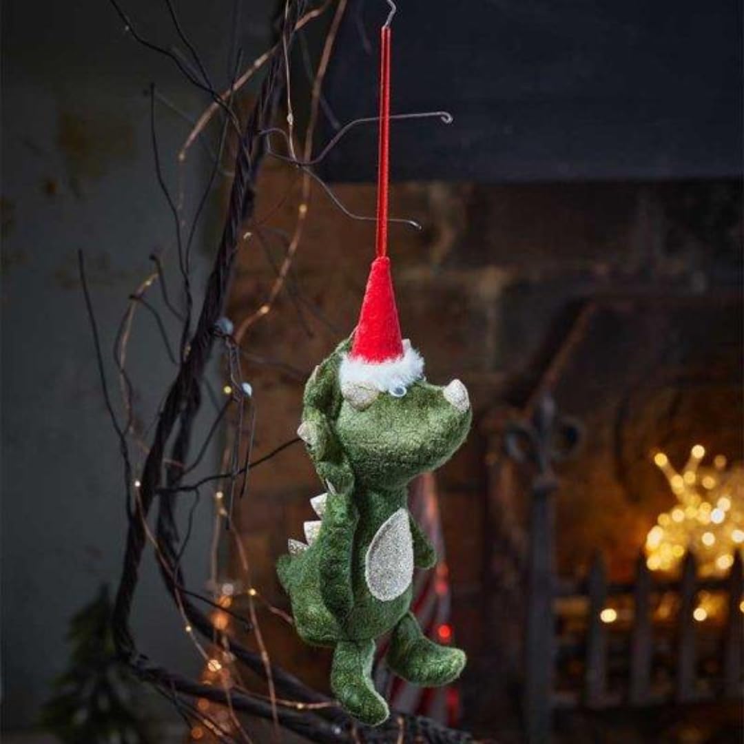 Marco Paul Interiors Green Marco Paul Dinosaur Christmas Tree Bauble - 20Cm Plush Triceratops With Santa Hat Hanging Pendant- Xmas Tree Ornament For Hanging Decor, Table Centrepiece, Home Decor, Crafting & Stocking Filler