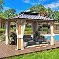 RICHRYCE 11' x 13' Solid Wood Gazebo, Hardtop Gazebo Plastic Sprayed Metal Roof Outdoor Gazebo Canopy Double Vented Roof Pergolas Wood Frame with Netting and Curtains for Garden, Patio, Lawns, Parties