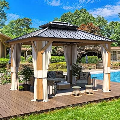 RICHRYCE 11' x 13' Solid Wood Gazebo, Hardtop Gazebo Plastic Sprayed Metal Roof Outdoor Gazebo Canopy Double Vented Roof Pergolas Wood Frame with Netting and Curtains for Garden, Patio, Lawns, Parties