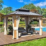 RICHRYCE 11' x 13' Solid Wood Gazebo, Hardtop Gazebo Plastic Sprayed Metal Roof Outdoor Gazebo Canop