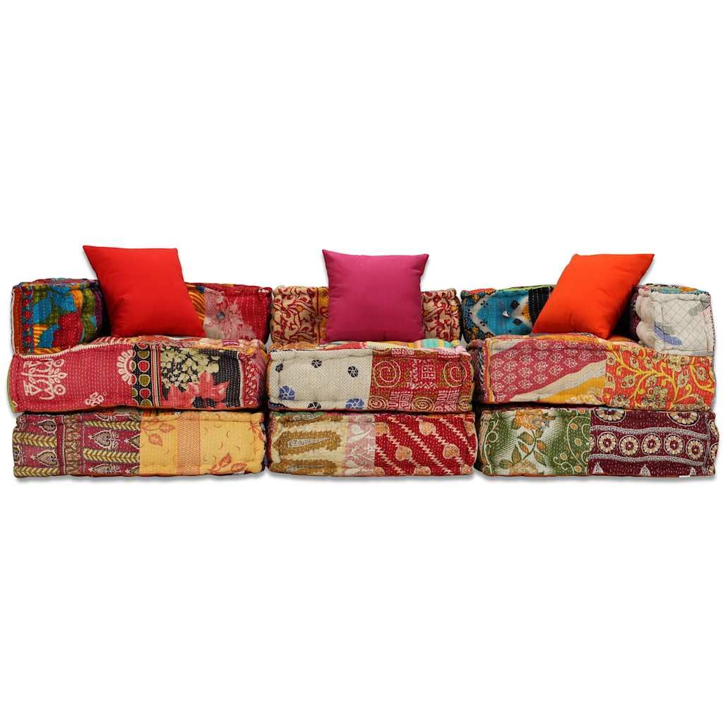 3-osobowa, modułowa pufa, patchwork, bawełna, 200 x 70 x 58 cm, z 3 poduszkami, do wszechstronnego łączenia, do salonu, na taras, do biura, ogrodu, ergonomiczna i antypoślizgowa