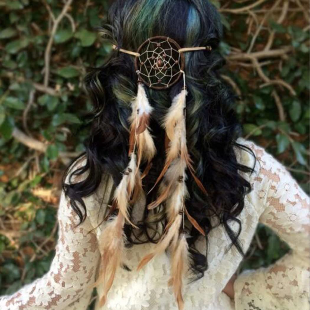 Yean Boho Feather Headband Brown Hippie Indian Headpieces Dreamcatcher Feather Headdress Tribal Accessories for Women and Girls