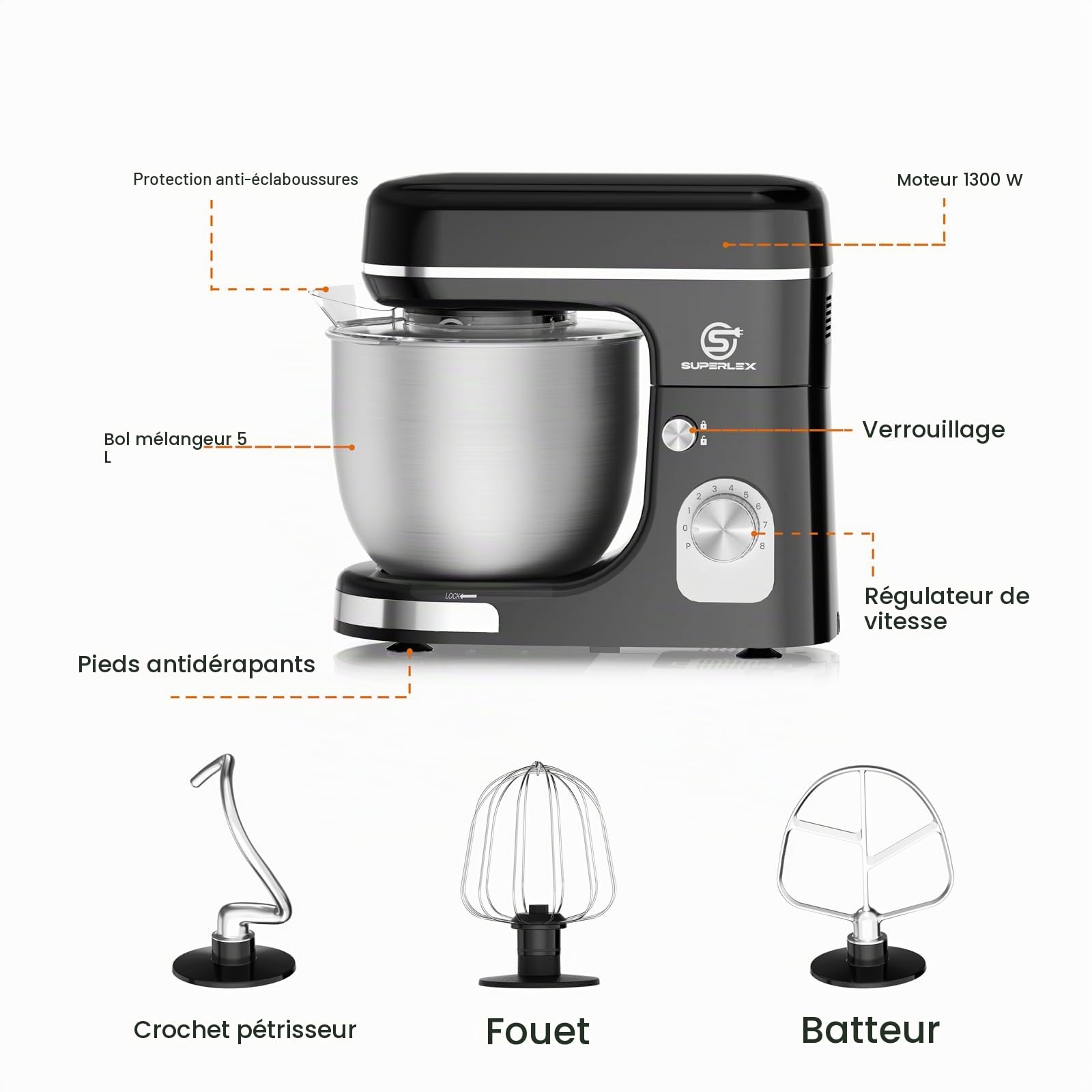 Robot de Cuisine 3 en 1 avec 1300W et Bol en Acier Inoxydable 5L Robot Multifonction avec 8 Vitesses Pétrin et Mixeur avec Crochet à Pâte, Batteur Plat et Fouet pour Pâtes Crèmes Sauces