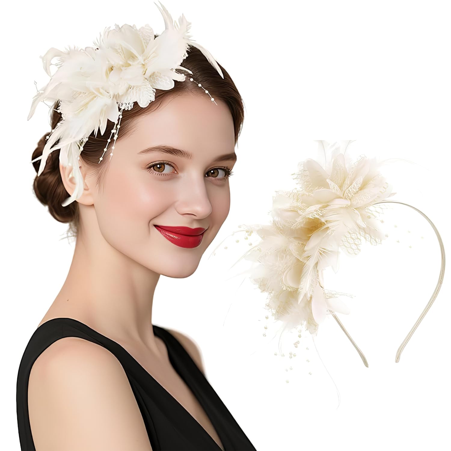 Retro Hair Tiara for Women with Feathers and Flower Lightweight & Elegant Design | Comfortable Fit for Cocktail Party, Wedding, Tea Party-image-38