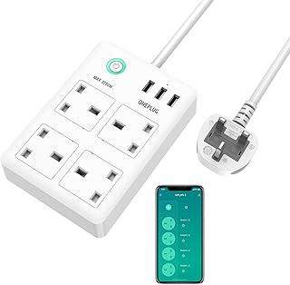 ONEPLUG Smart Extension Lead, Smart Power Strip Compatible with Alexa and Google Home, WiFi Smart Plug with 4 AC Outlets and 3 USB Ports, Surge Protection, Voice Control, APP Control, 2.4GHz Only