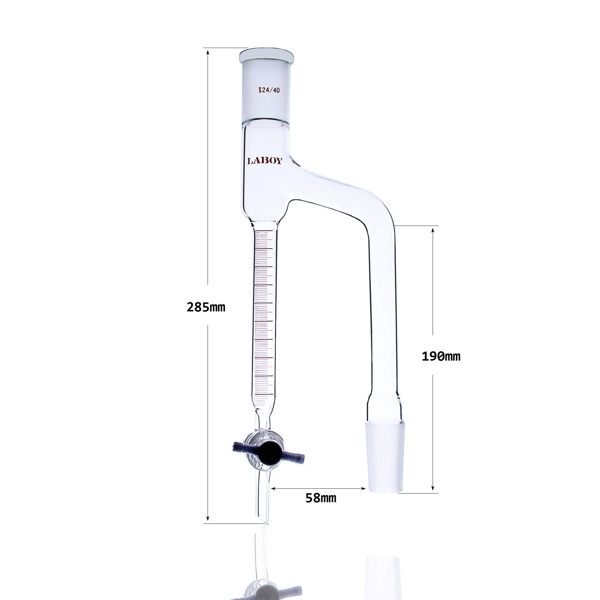 Laboy vetro Dean Stark distillazione ricevitore graduato da 20 ml con giunti 24/40 e 2 mm PTFE rubinetto
