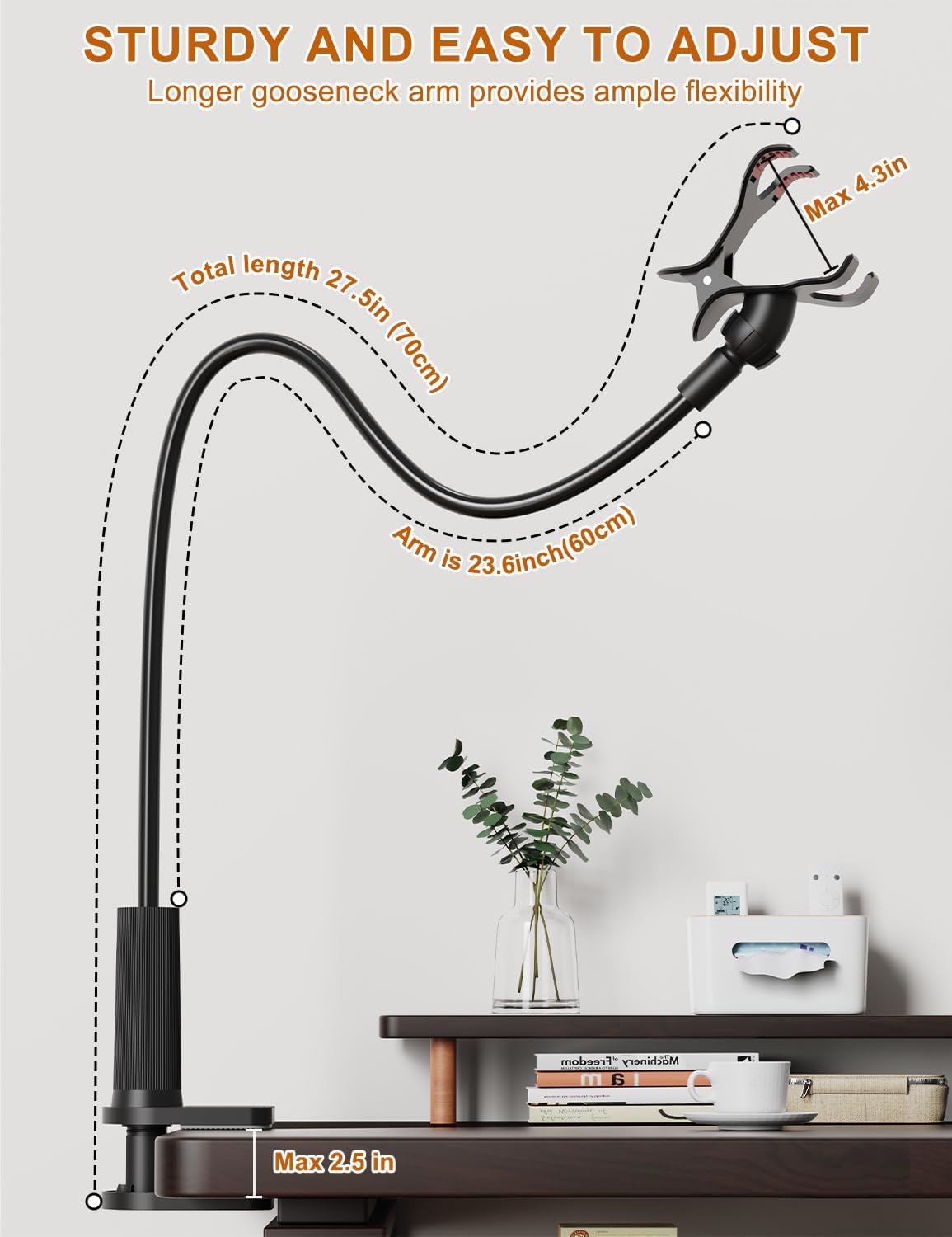 Phone Holder for Bed, Gooseneck Phone Holder for Desk Bedside Table, Flexible Gooseneck Long Arm Stand with Adjustable 360°Cell Phone Mount Clamp Clip for iPhone and All 4-7" Phone