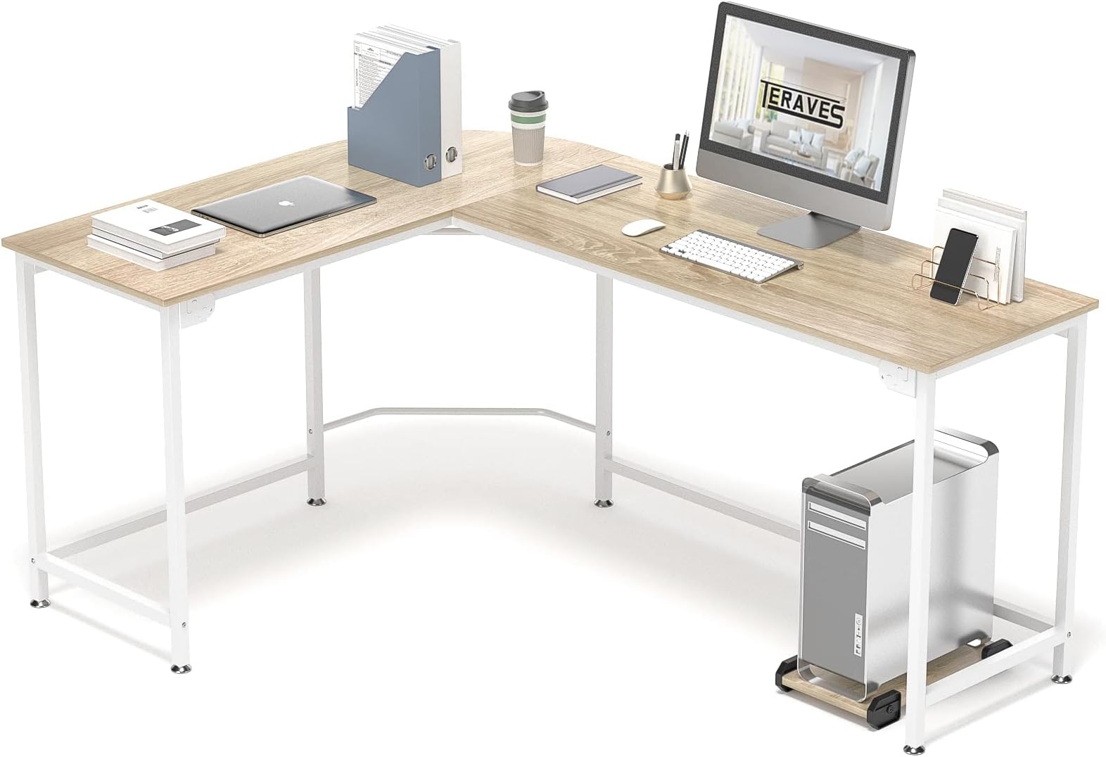 Teraves Modern L-Shaped Desk 66'' Corner Computer Desk Home Office Study Workstation Wood & Steel PC Laptop Gaming Table