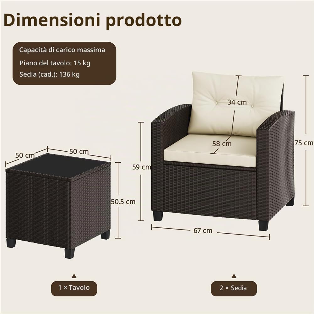 Yaheetech Set Mobili da Giardino 3 Pezzi in Rattan PE 2 Poltrone con Cuscini e Tavolino da Caffè Salotto Esterno per Balcone Terrazza Patio, Marrone e Beige
