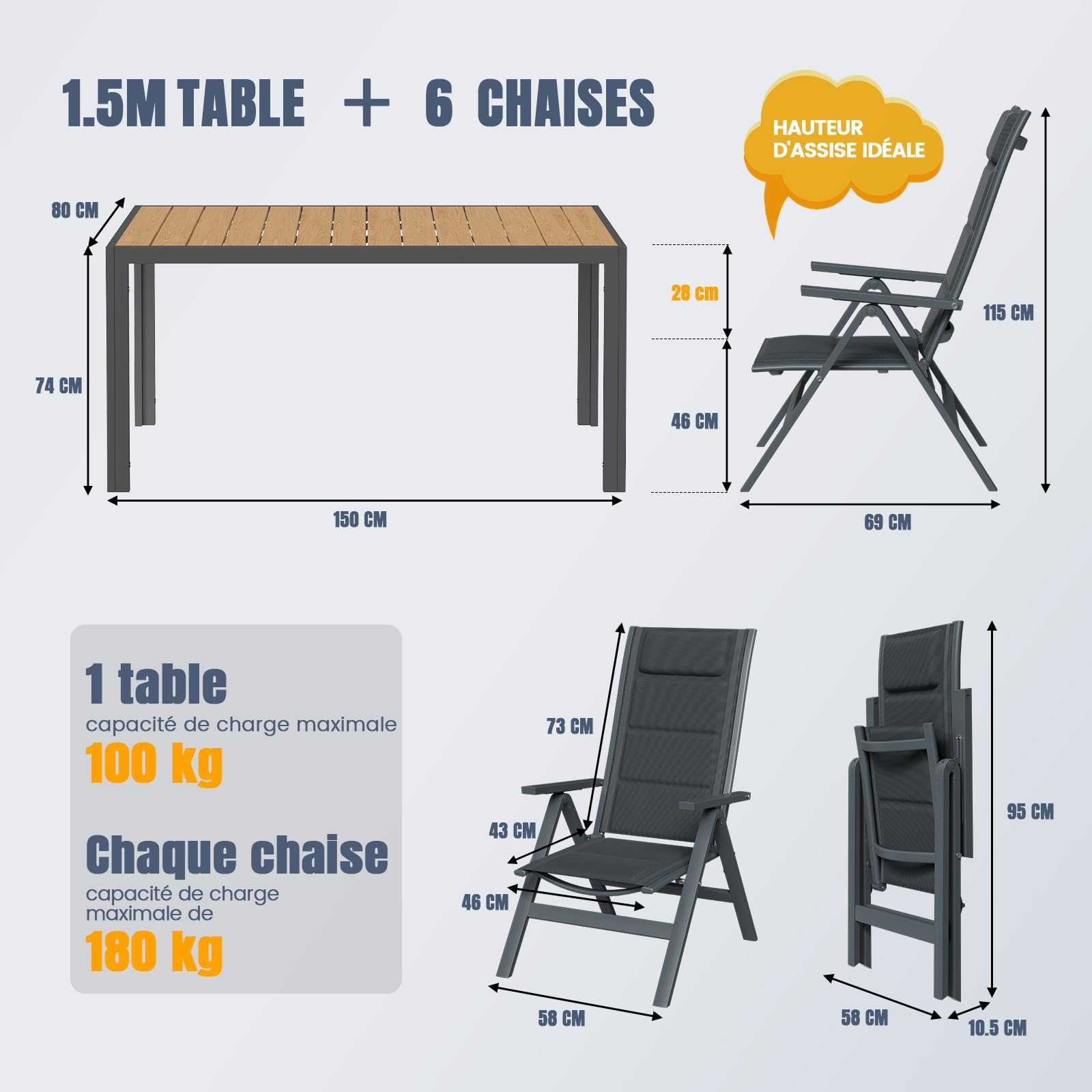 Devoko Salon de Jardin Exterieur 7 Pièces, Composé Table 150 cm en Aluminium et 6 Chaises Pliantes, Table de Jardin avec Finition à Veine de Bois et Chaises de Terrasse, Balcon, Naturel