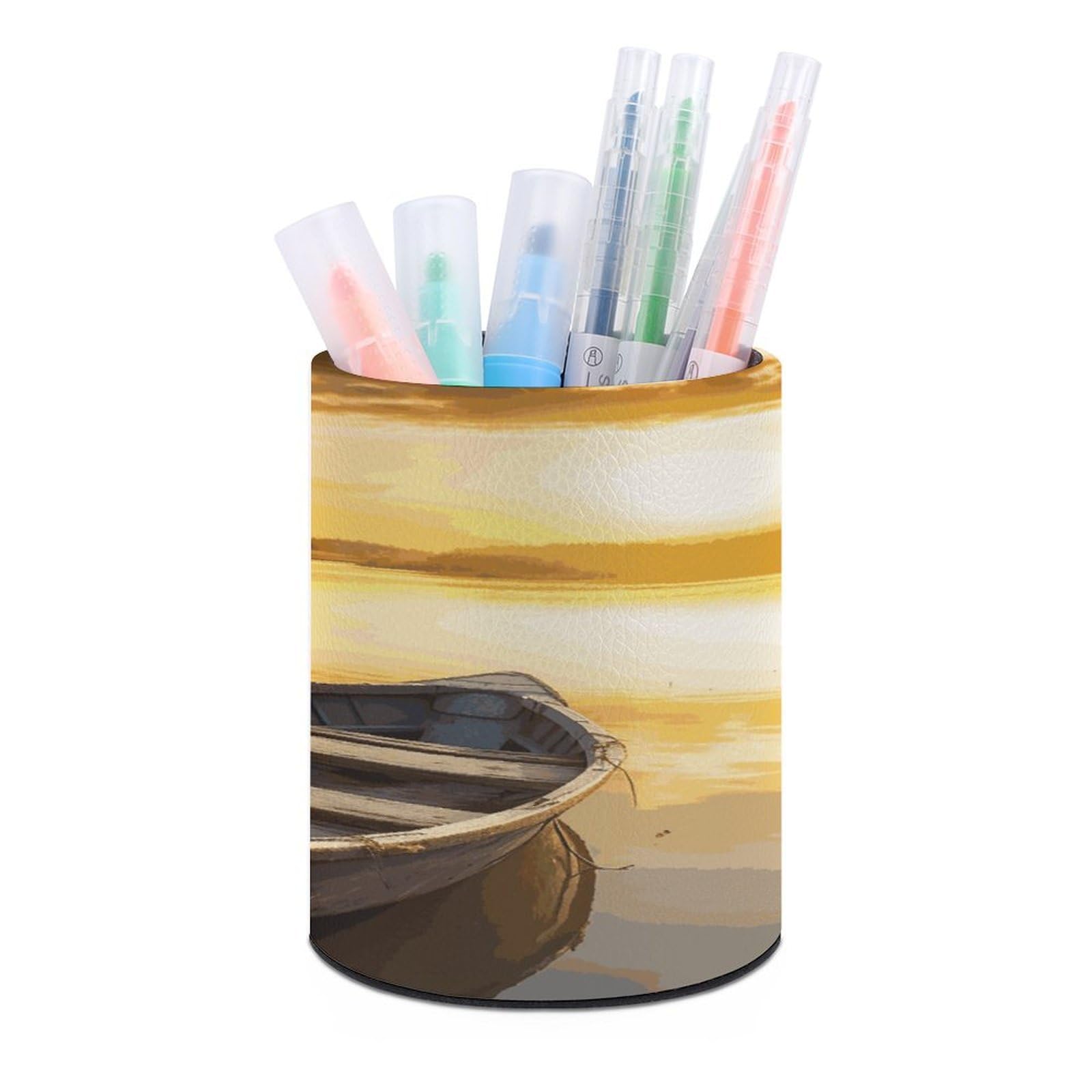 LDGSUPH River Sunset Wooden Boat Round Pen Holder Leather Pen Cup Pencil Cup Pen Organizer Pencil Holder for Desk Organizer Pencil Organizers Makeup Brush Holders for Home Office Gift