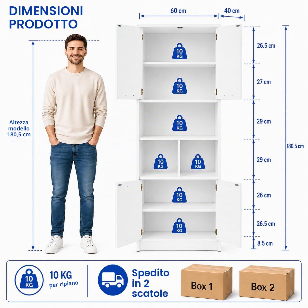 Armadio Ufficio Bianco 60x40x180,5 cm, Schedario da Ufficio con 4 Ante, Vano Stampante e Ripiani Regolabili, Mobile Multiuso Salvaspazio per Camera e Bagno, Credenza per Cucina e Soggiorno