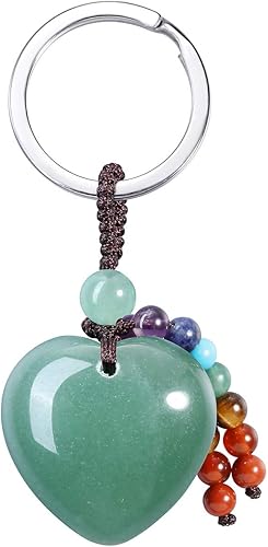 MANIFO Llavero de cristal de corazón de aventurina verde natural, 7 chakras, piedras preciosas curativas para mujer