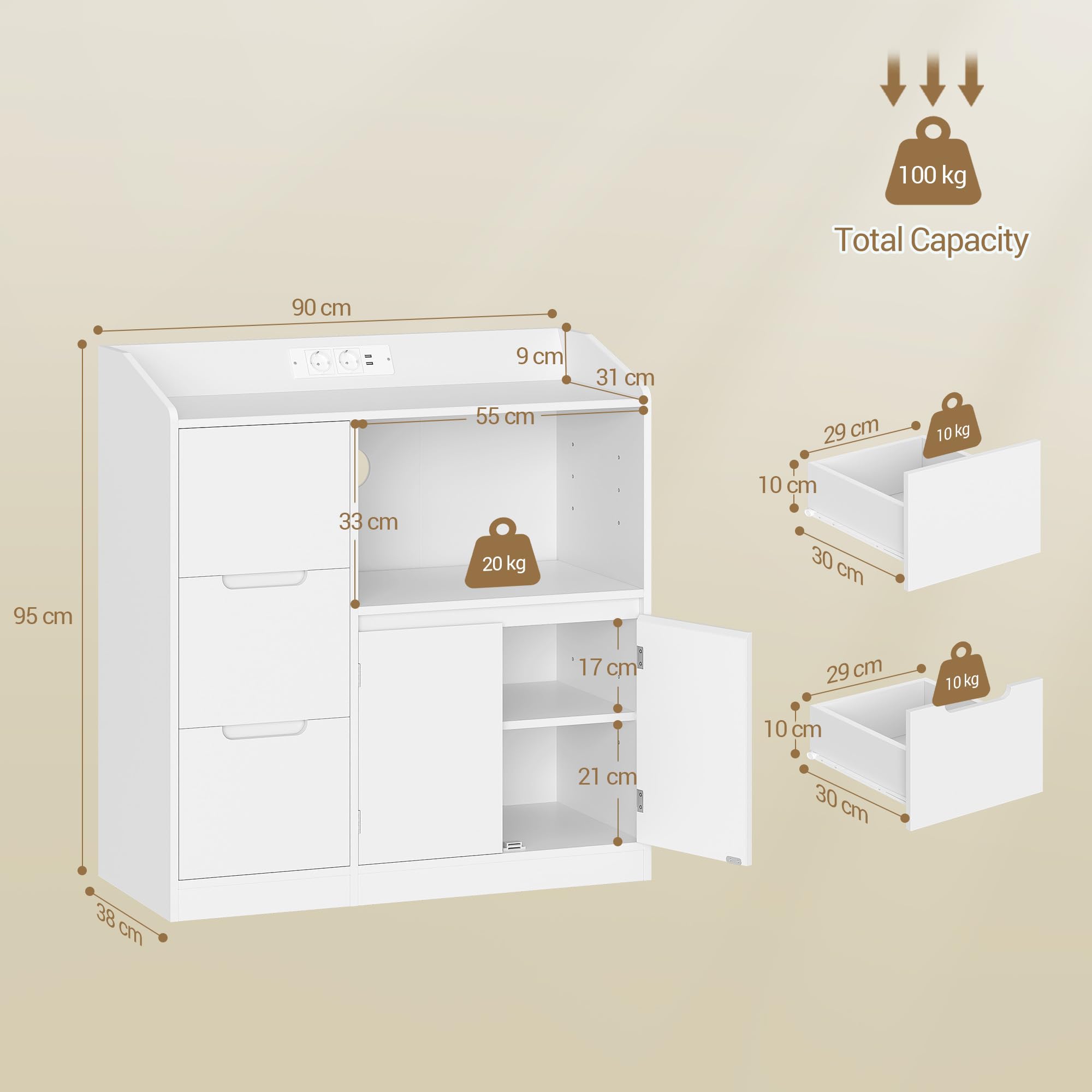 Hzuaneri Meuble Cuisine, Buffet avec Plan, Travail Étagère pour Micro-Ondes, Prise, 3 Tiroirs et 2 Portes, Étagère Réglable, Moderne, Cuisine, Blanc, 38 X 90 X 95 cm, SC31003XEU