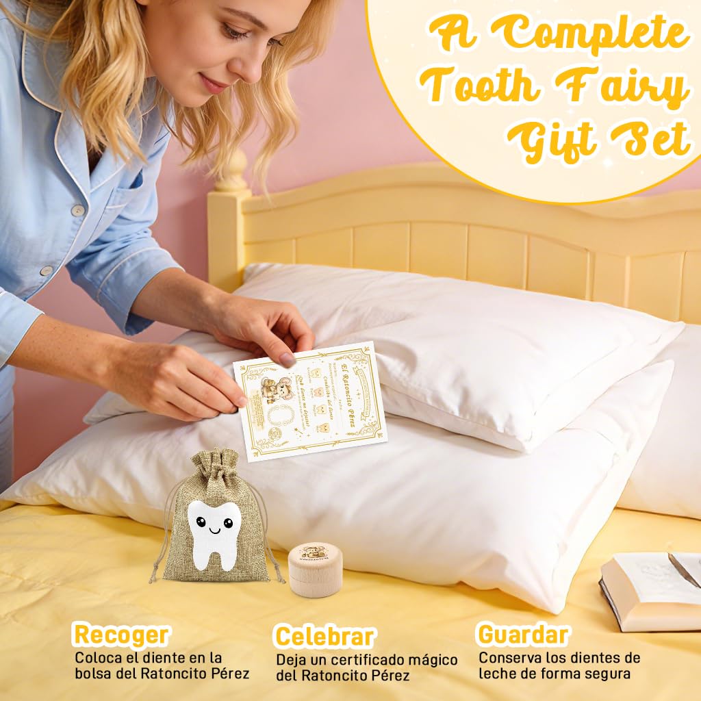 WALLFID set de 12 piezas,caja dientes de leche niño,cartas del Ratoncito Pérez,bolsita del Ratoncito Pérez,10 tarjetas del diente limpio,regalo original para niño y niña (Espagnol)