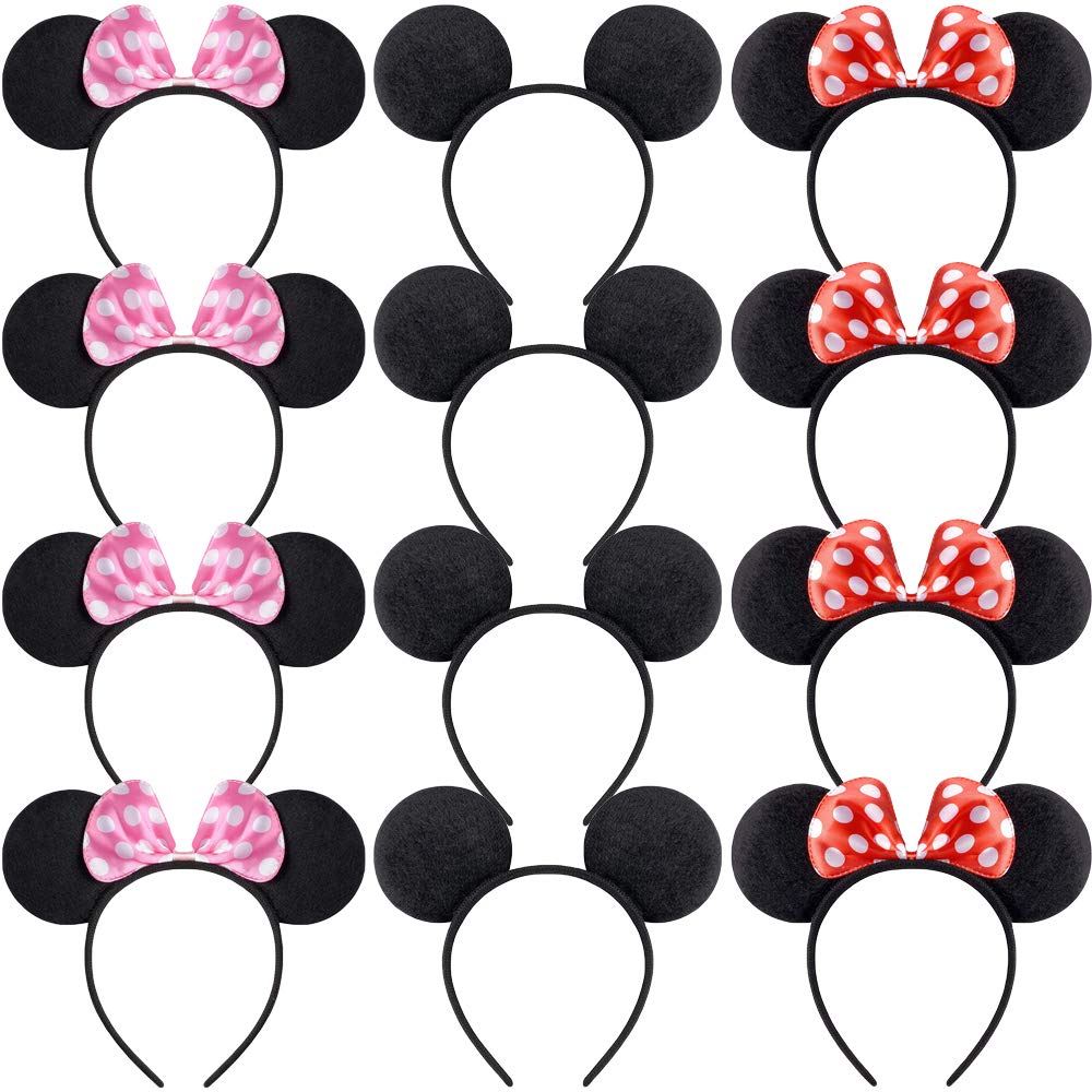 Kaimeilai 12 diademas con orejas de ratón, diademas con lazo rojo rosa y lunares blancos, orejas de ratón en negro, sombreros para niños adultos, cumpleaños, Halloween Navidad