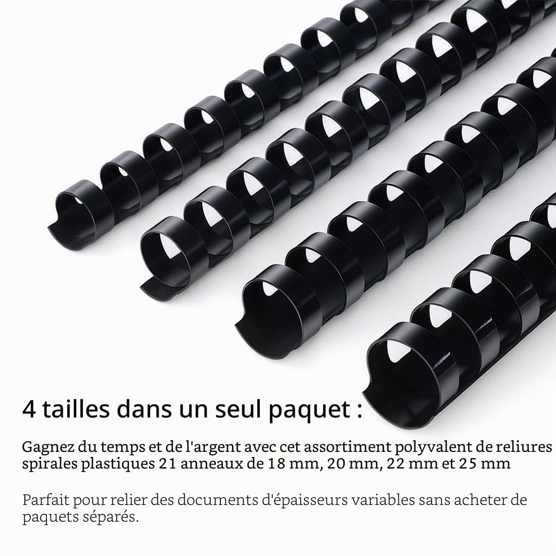 Peignes de Reliure, Tailles Assorties, 145 à 200 Feuilles, 18 mm 20 mm 22 mm 25 mm, 21 Anneaux, Noir, Lot de 40