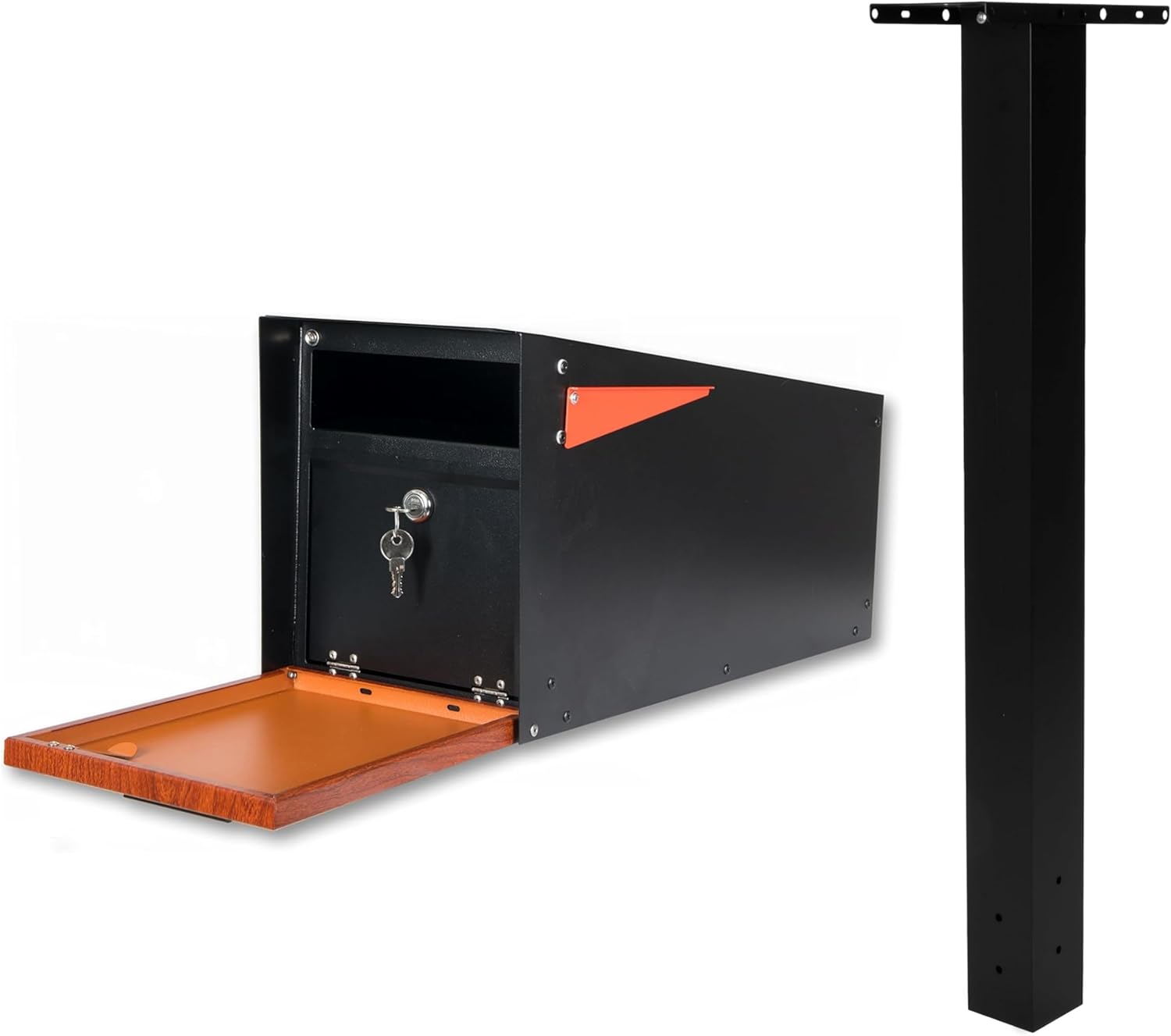 Ilyapa Locking Mailbox with Post: Secure Black Steel Modern Mailbox & Heavy-Duty 43" Metal Post for Outside, All-Weather Curbside Mount with Universal Mounting Plate.