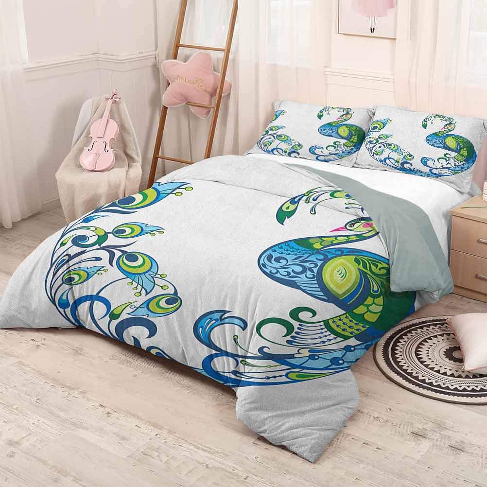 prunushome Peacock 3 Piece Bedding SetsPeacock Colorful Fashion Curvy Pattern Tropical Summer Blossom Flourish Artful Lightweight Blue Green Pink 80x90in/20x30inx2