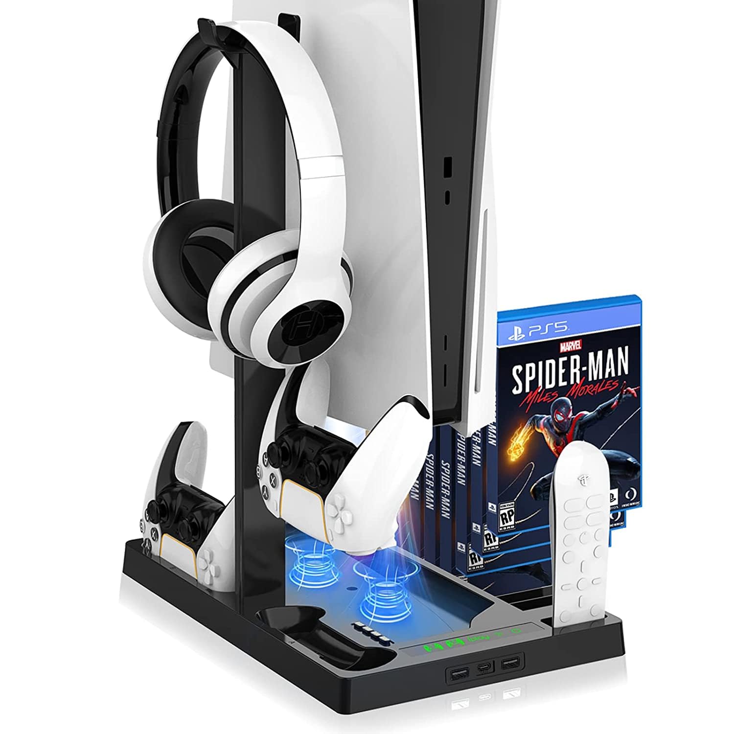 Supporto PS5 base ventola di raffreddamento silenziosa, 1 supporto per cuffie, 2 caricabatterie per controller, 15 slot per dischi di gioco e 1 scatola di archiviazione remota multimediale (Black)