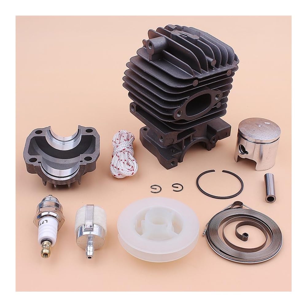 Kit de Base de cárter de Motor de pistón de Cilindro de 34 mm, Compatible con polea de Arranque de Retroceso de 25 CC, Resorte, Cuerda, bujía y Pieza de Motosierra.