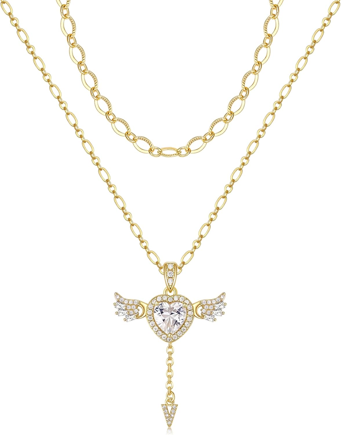 Angel Heart Initial Necklaces for Women,14K Gold Plated Cubic Zirconia Love Letter Necklace with Movable Wings Dainty Layered Custom Name Pendant Personalized Chain Stackable Jewelry Gift