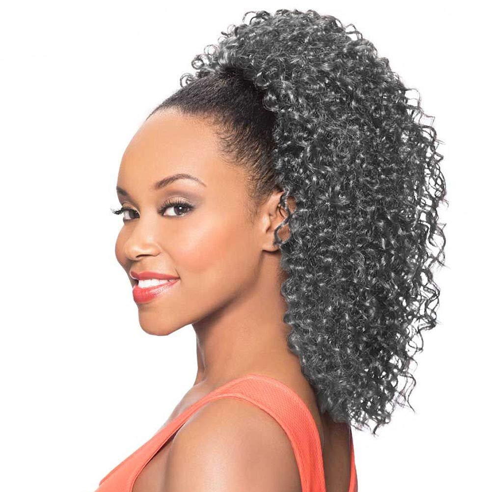 DS013 Ponytail Color 51 Light Gray Wigs 16" Long Curly Drawstring Hairpiece Clip On Synthetic African American Womens