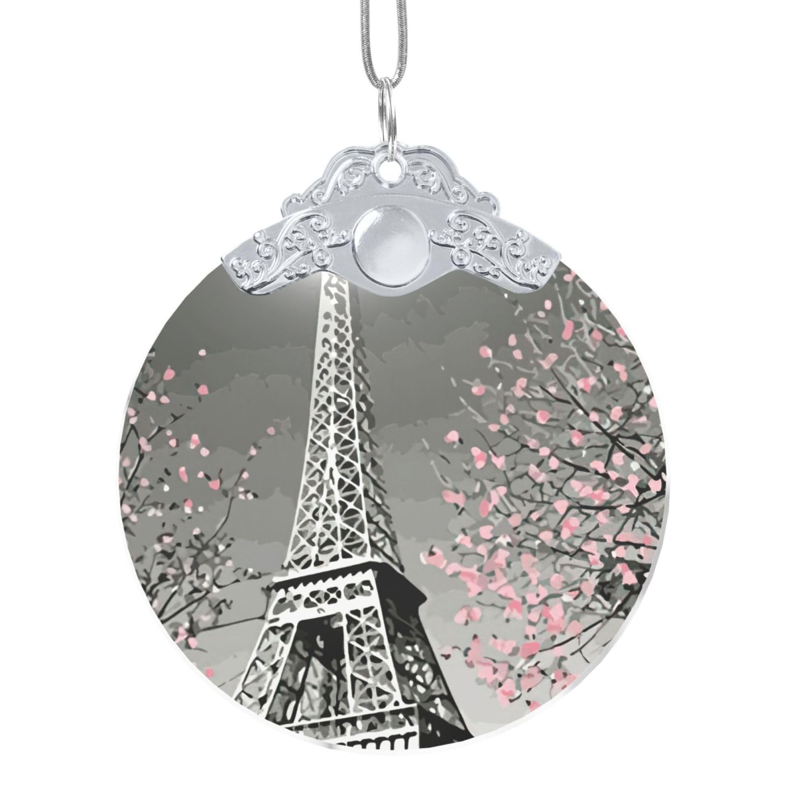 Sdegtho Silver Paris Eiffel Tower Keepsake Glass Christmas Ornament 3.3 Inch Round Decorative Pendant With Elastic String