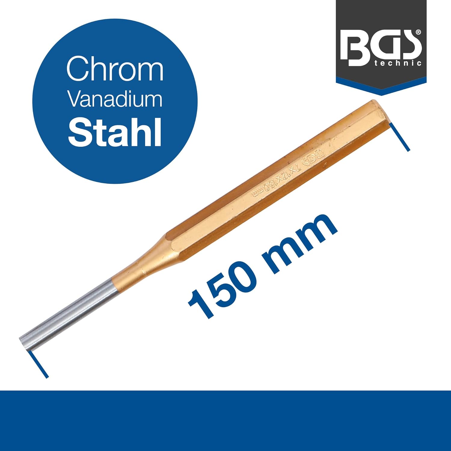 BGS 1651 Pin Punch Set, Gold/Silver/Blue, 3-8 x 150 mm, Set of 6 Pieces