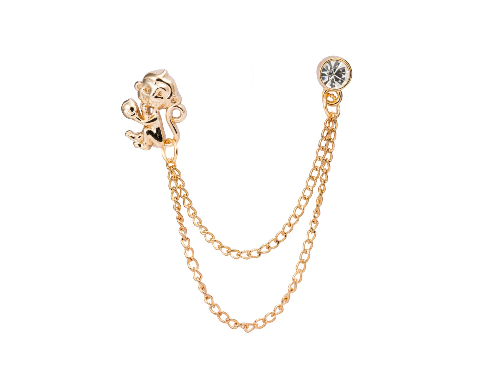 KnighthoodGold Lucky Monkey with Hanging Chain Lapel Pin Badge Coat Suit Wedding Gift Party Shirt Collar Accessories Brooch for Men