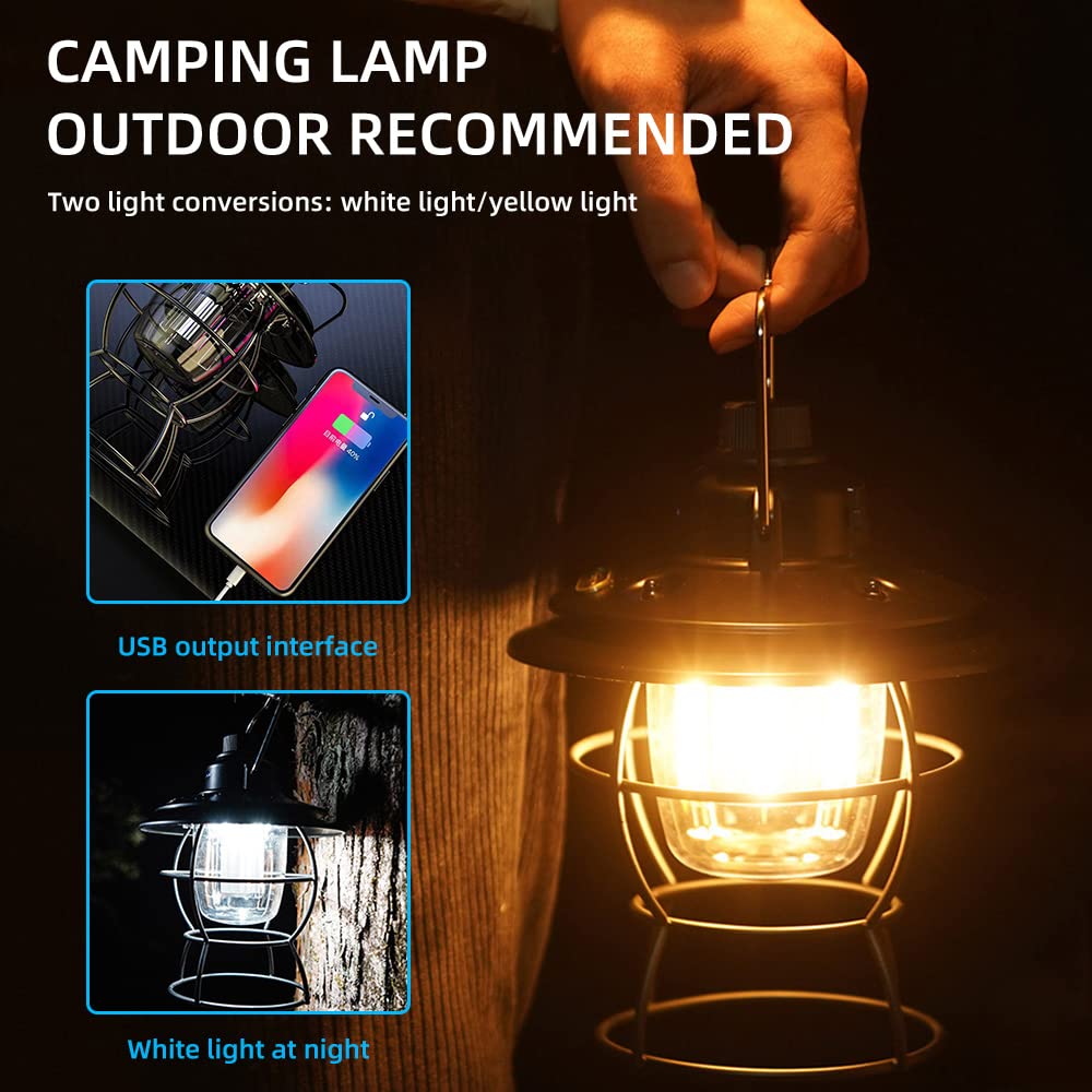 Lampka nocna, lampa kempingowa LED, latarnia kempingowa z ładowaniem USB, latarnia kempingowa retro z hakiem, regulacja trybu światła 3, IPX4 Wodoodporna zewnętrzna lampa kempingowa do namiotu turysty