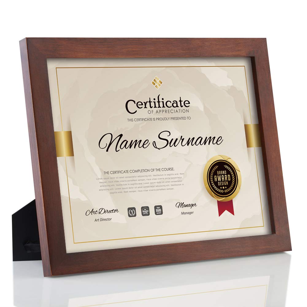 RPJCDocument Frame Certificate Frames Made of Solid Wood High Definition Glass and Display Diplomas 8.5x11 Inch Standard Paper Frame with Stand Brown