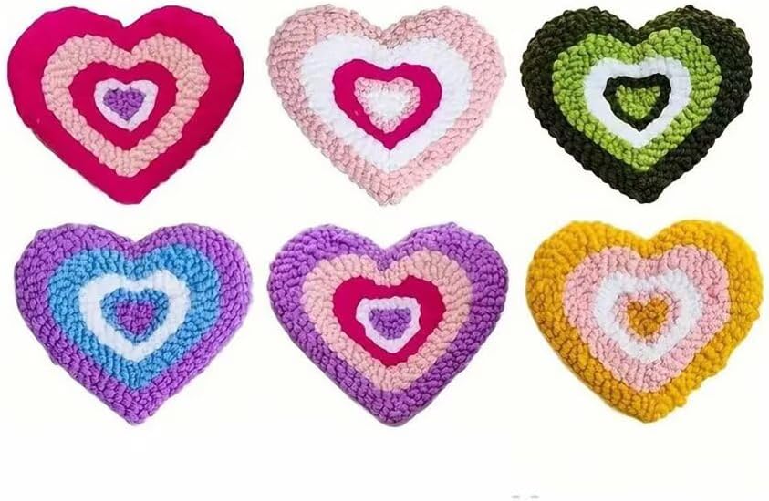 Punch Needle Coaster Kit 6 Patterns Love Tufted Rug Pads, DIY Needle Punch Coaster Kit for Adults Beginners with Adhesive Felt Yarns Embroidery Hoop Tools Instruction